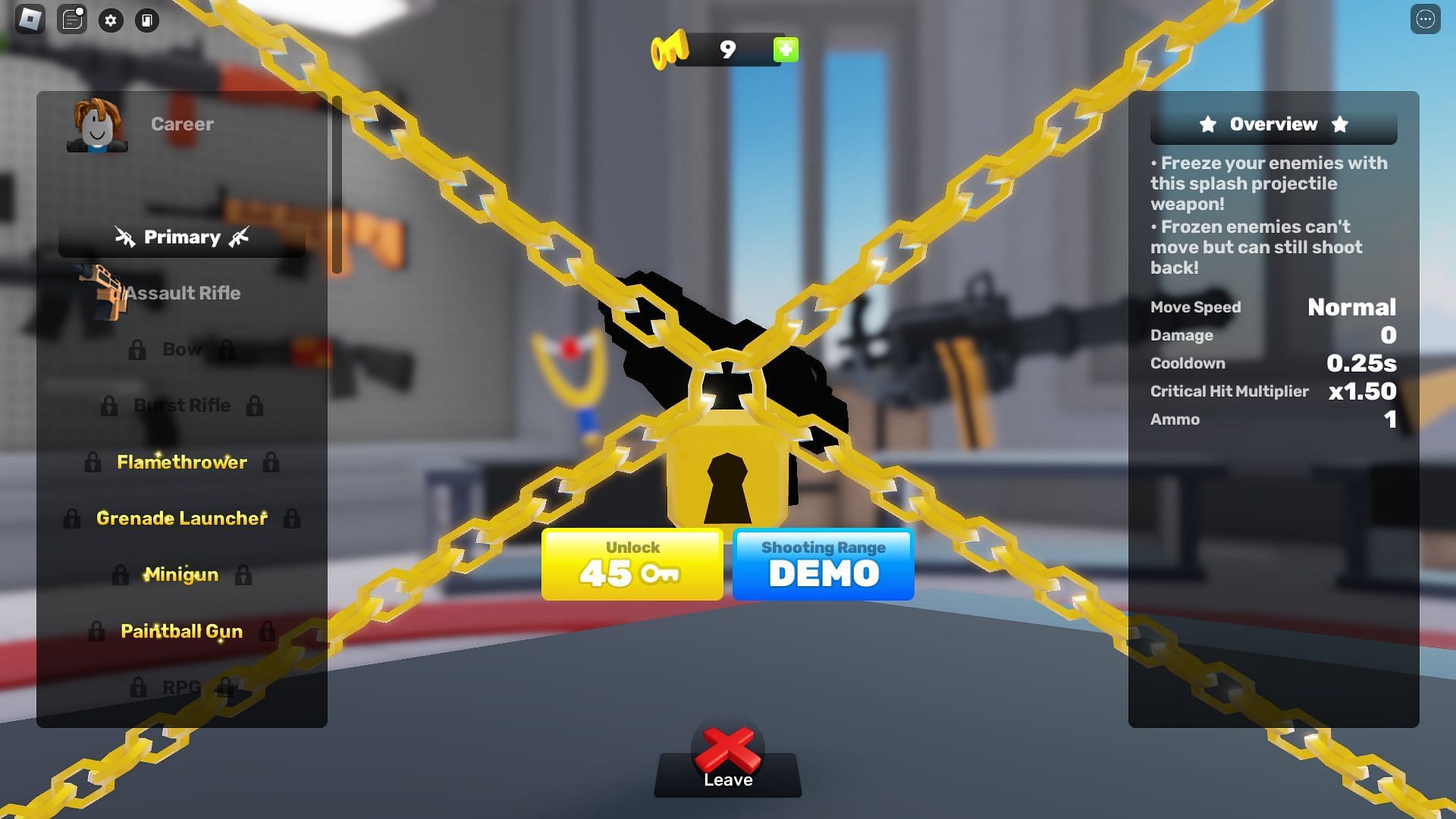 The Freeze Ray freezes an enemy for a few seconds (Image via Roblox)