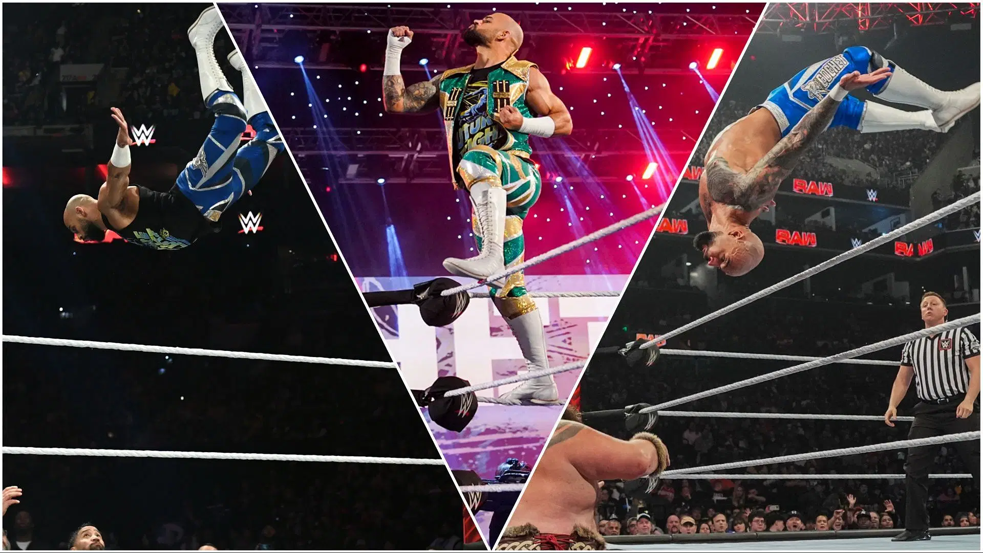 Ricochet in action on WWE RAW, Ricochet poses in the corner on RAW