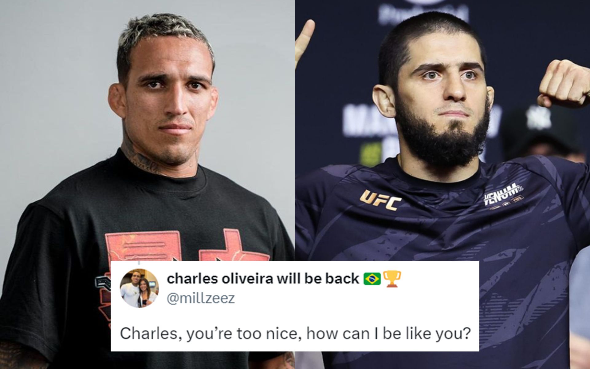 Charles Oliveira (left)  wished a speedy recovery to Islam Makhachev (right). [Images courtesy: @charlesdobronx and @islam_makhachev on Instagram]