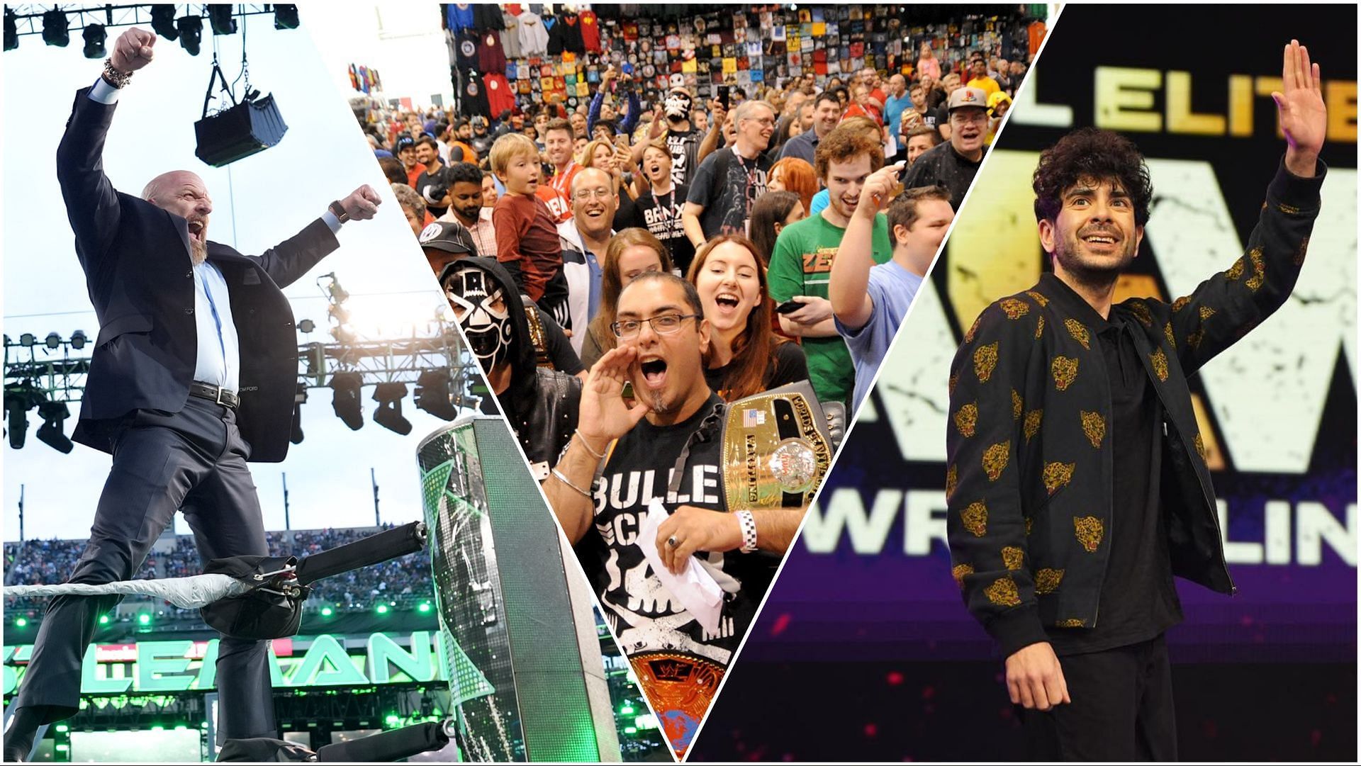 WWE CCO Triple H at WrestleMania XL, AEW President Tony Khan waves to fans