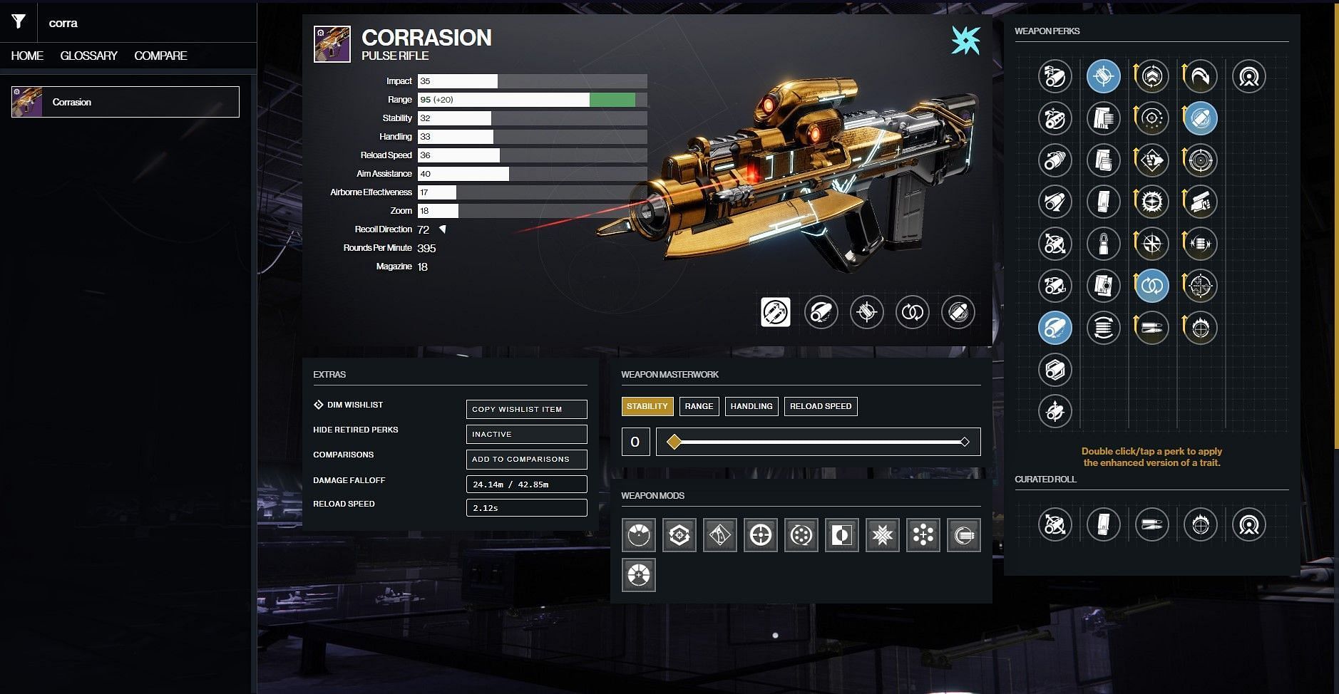 Corrasion PvP god roll (Image via D2Gunsmith)