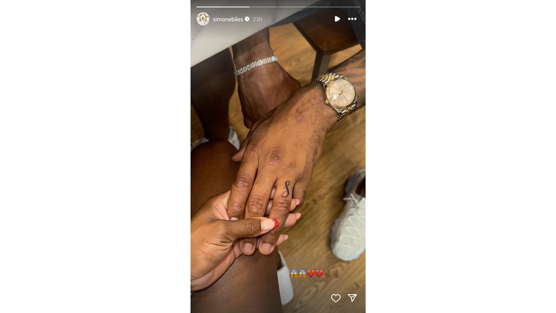 Simone Biles shows off husband Jonathan Owens&#039; new &#039;S&#039; tattoo in IG story (Image credit: @simonebiles IG)