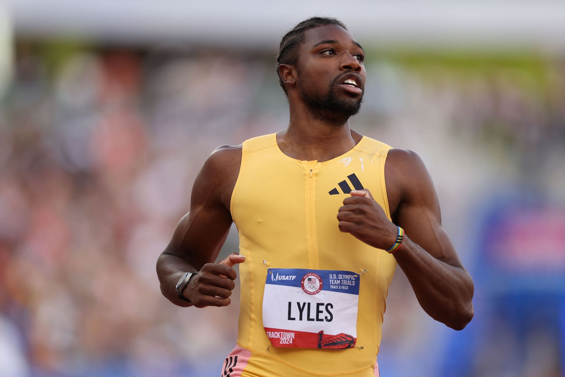 Noah Lyles reacts after winning the men&#039;s 200-meter final on Day Nine of the 2024 U.S. Olympic Team Track &amp; Field Trials at Hayward Field on June 29, 2024, in Eugene, Oregon. (Source:Getty )