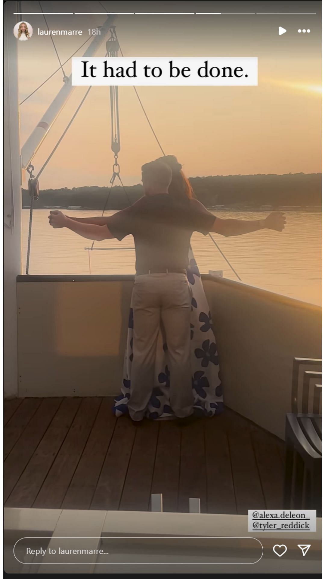 Tyler Reddick Instagram Story- Titanic Pose