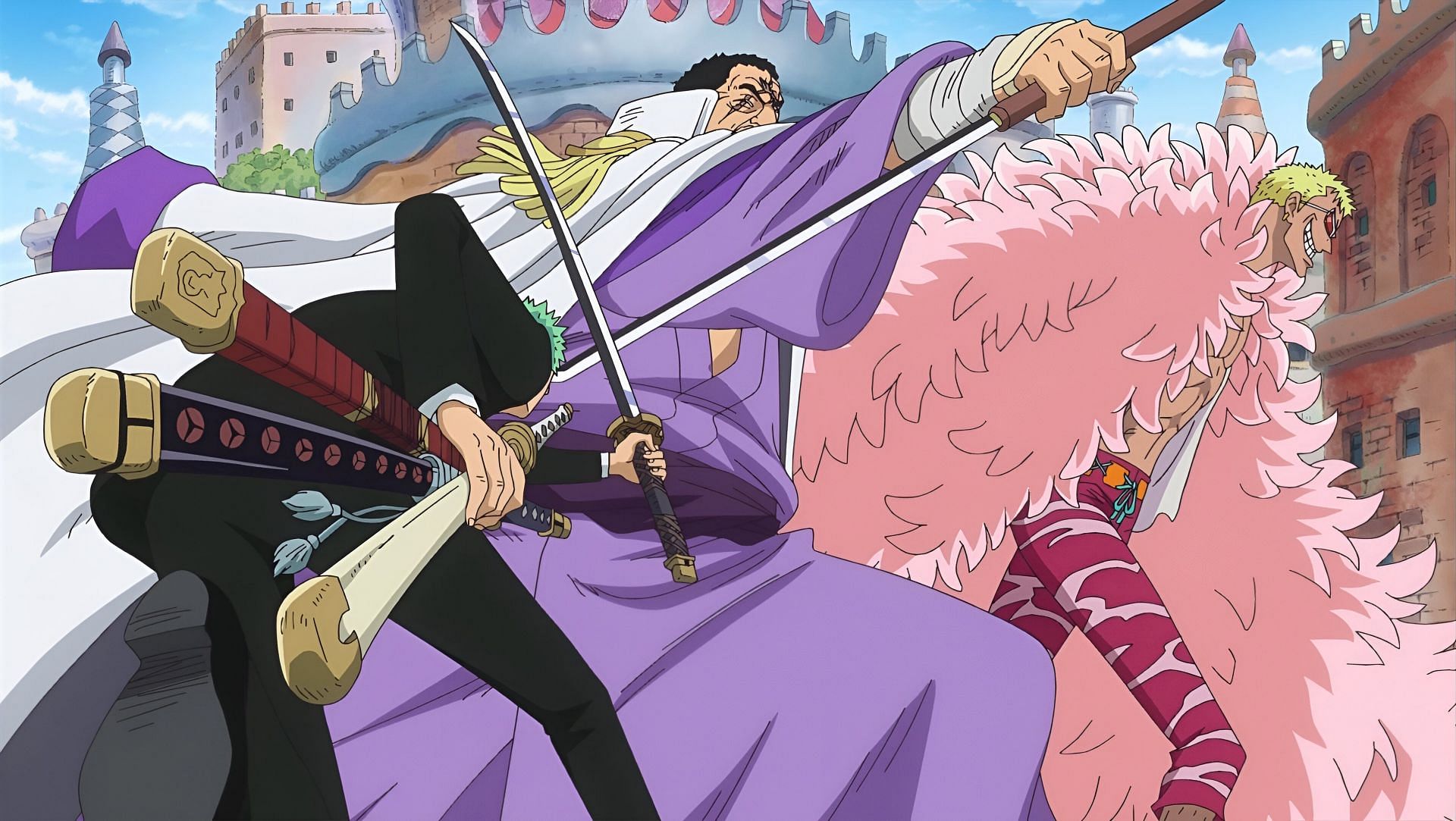 A brief clash between Admiral Fujitora and Roronoa Zoro (Image via Toei Animation)