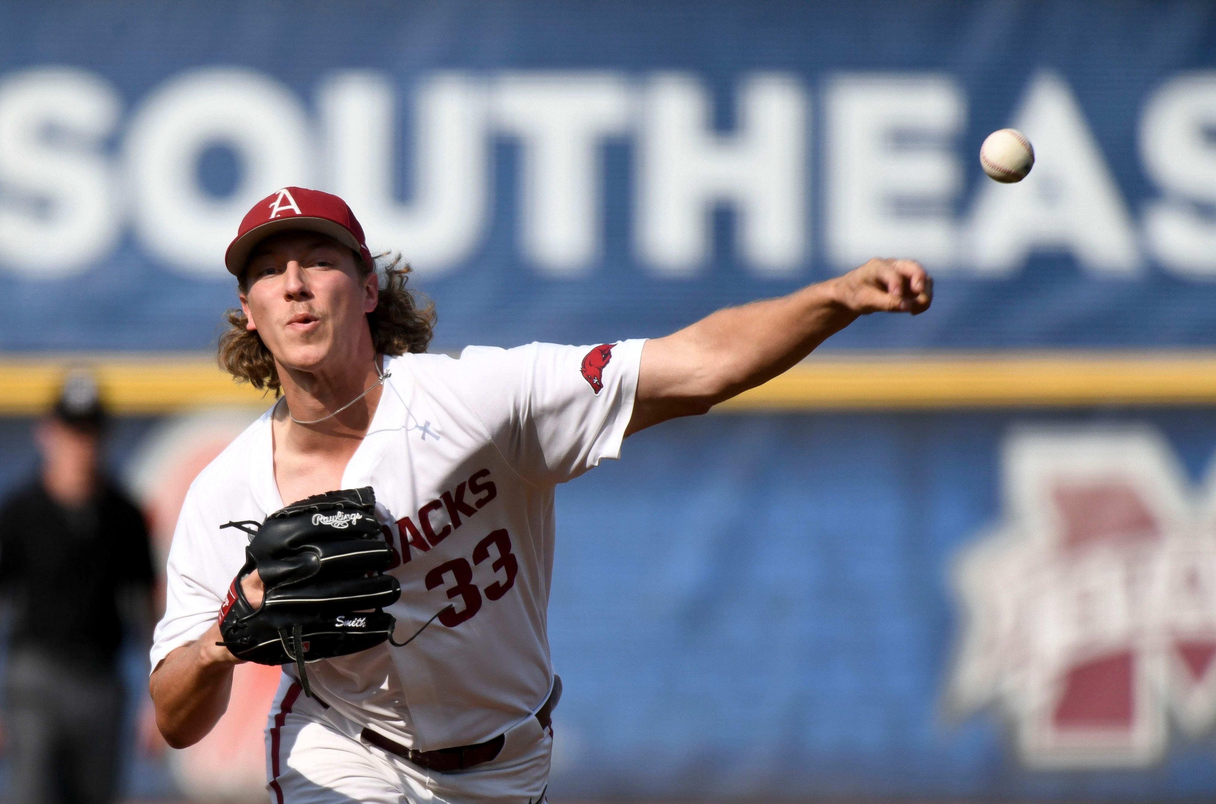 Arkansas ace Hagen Smith pitched 84. innings in 16 starts this past season. (Image Source: IMAGN)