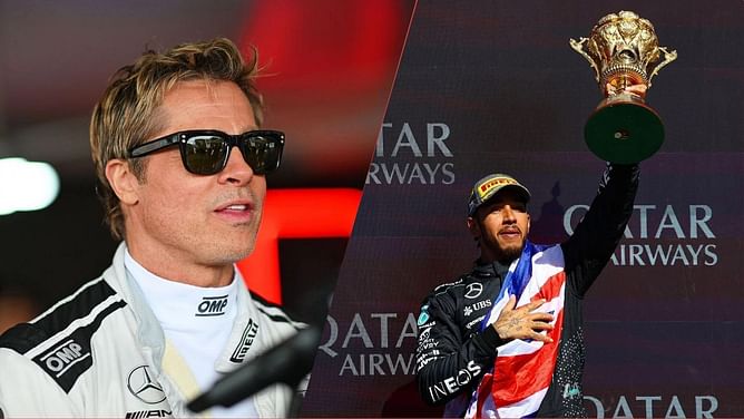 Watch: Brad Pitt walks up to Lewis Hamilton to congratulate him on winning the F1 British GP