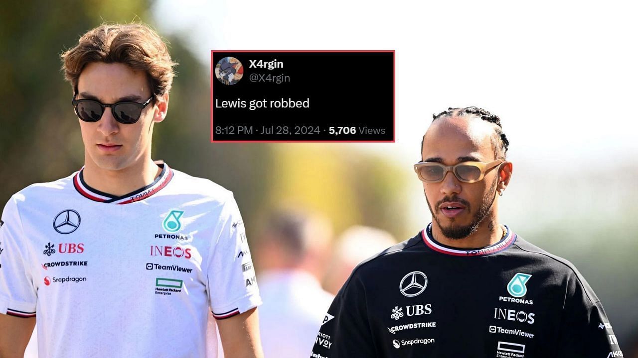 Lewis Hamilton and George Russell. Credit: Getty Images. Fan calling out Mercedes (inset) Courtesy: (x.com/X4rgin)