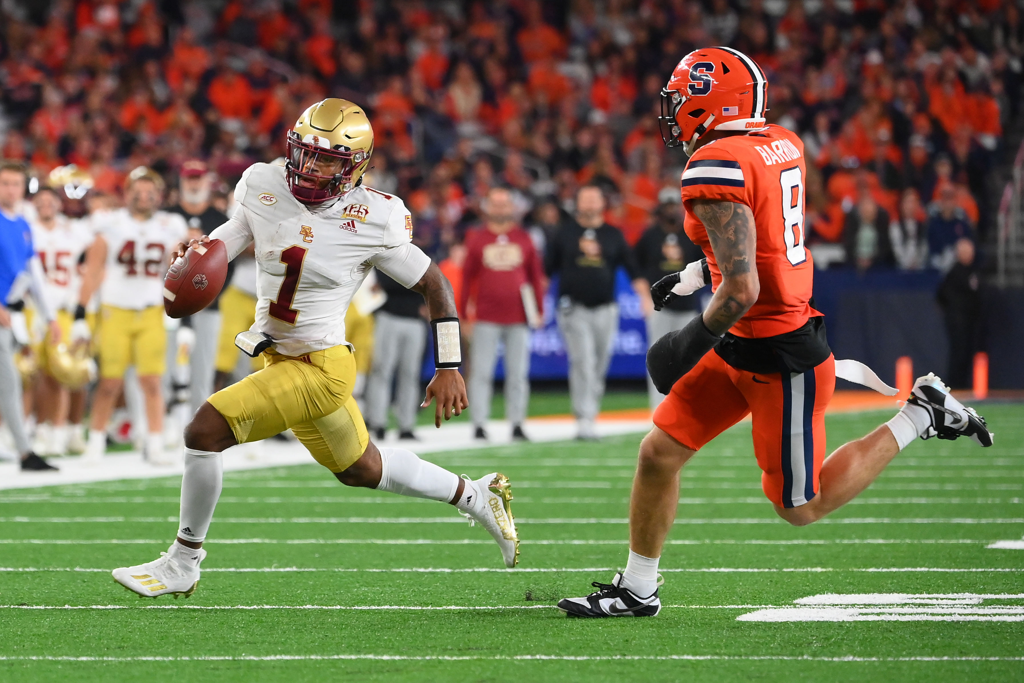 Justin Barron (R) in action for Syracuse (Source: Imagn)