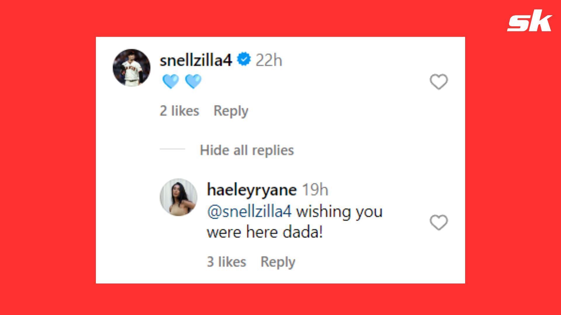 Haeley replying to Blake&#039;s comment on her post (www.Instagram.com/haeleyryane)