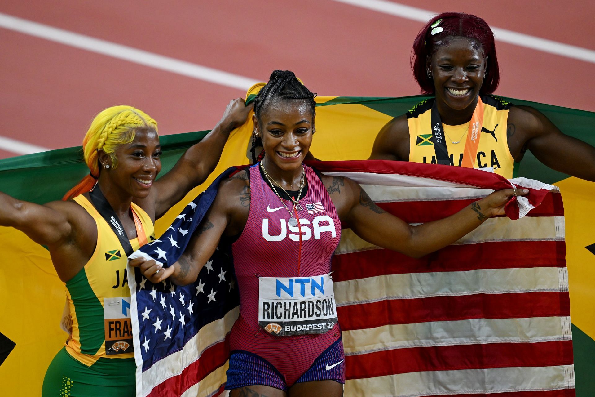 Sha&#039;Carri Richardson (M) and Shelly-Ann Fraser-Pryce (L) are medal contenders at Paris Olympics (Photo-Getty)