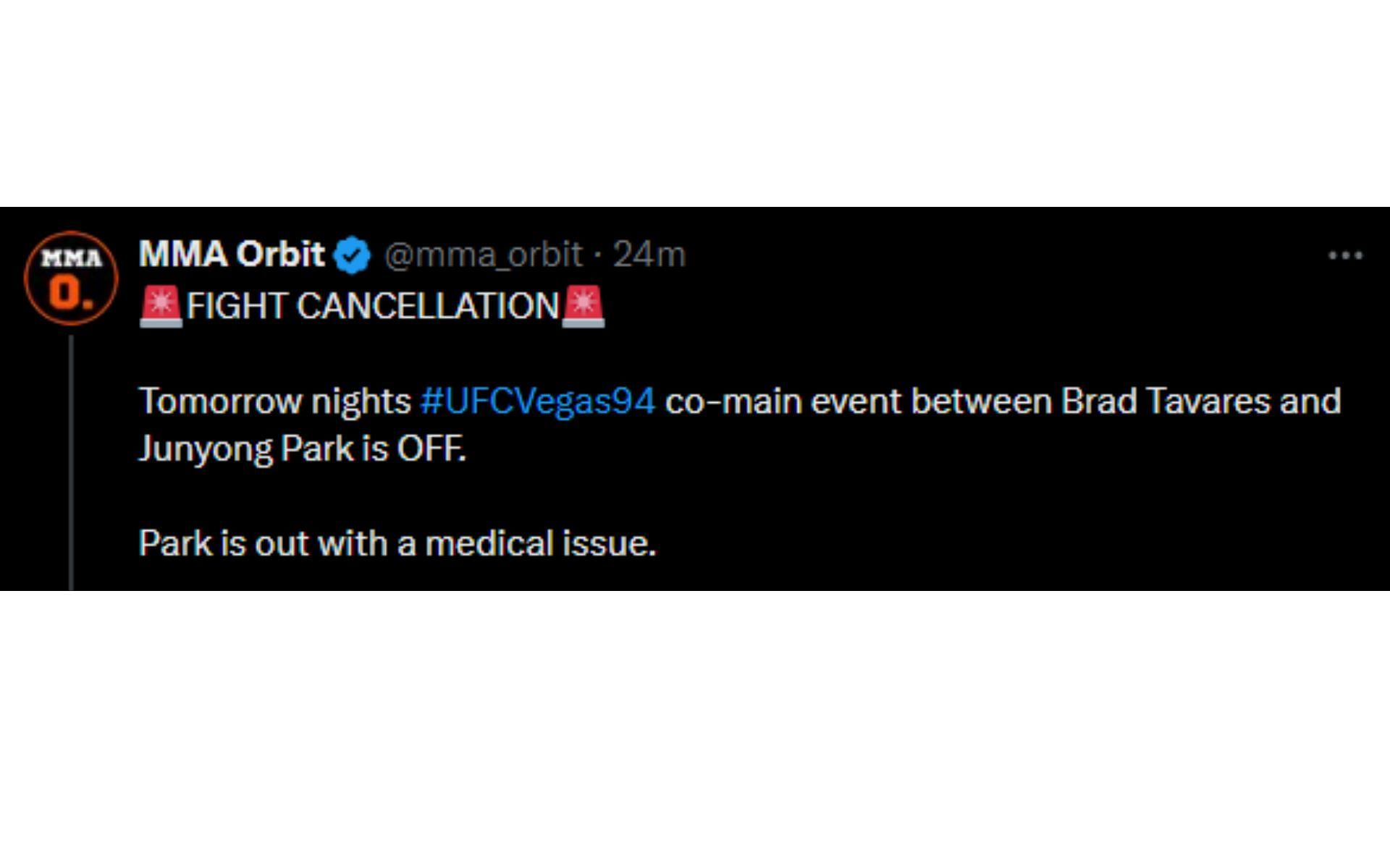 MMA Orbit&#039;s tweet regarding fight cancellation [Image courtesy: @mma_orbit - X]