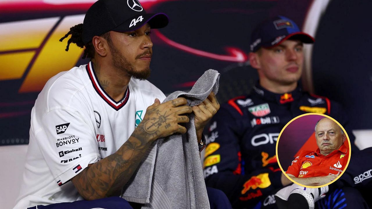 Lewis Hamilton, Max Verstappen and Fred Vasseur (inset). Credit: Getty Images