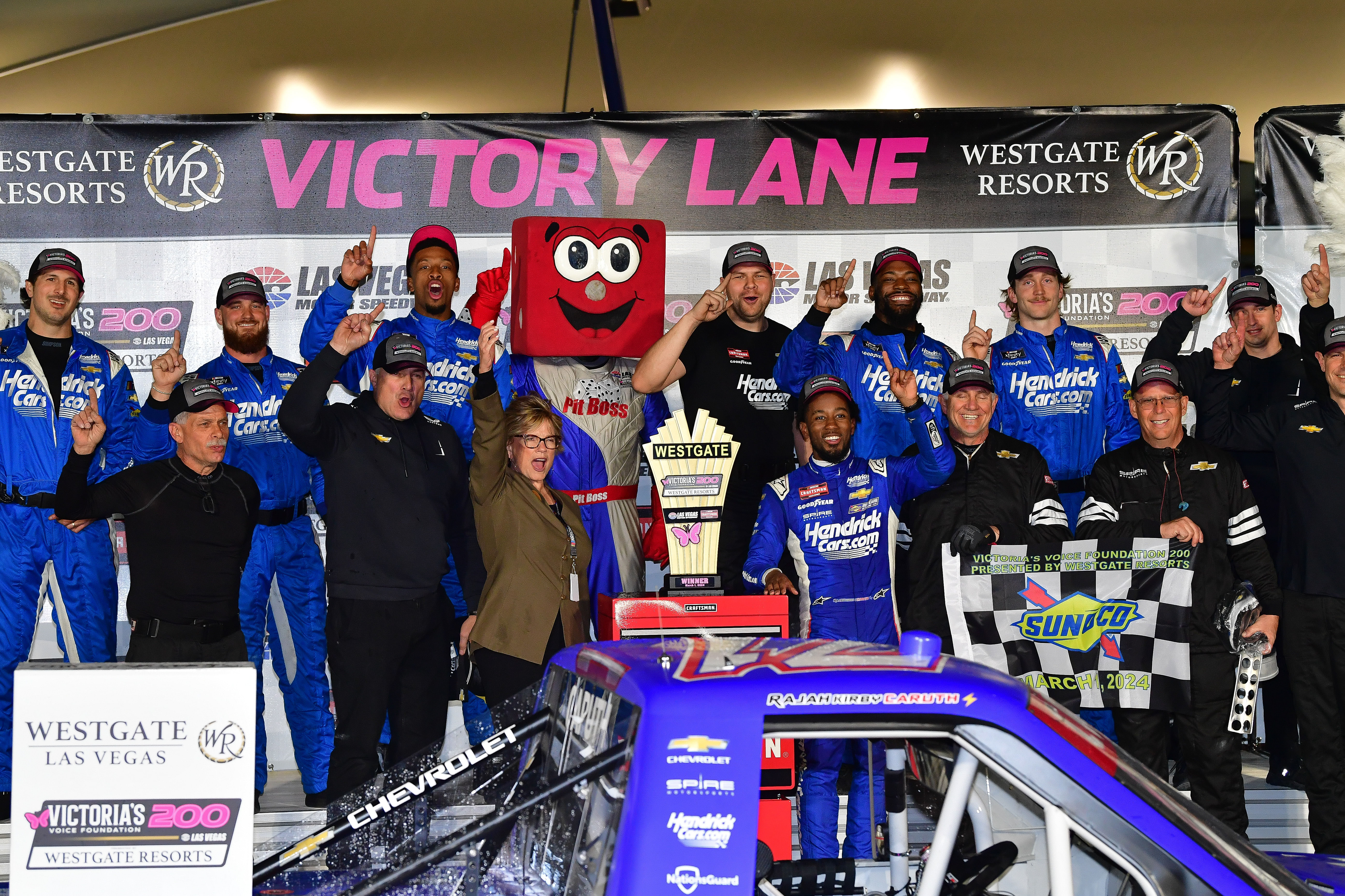 Rajah Caruth (front) celebrating his victory at the Las Vegas Motor Speedway in March 2024 | Gary A. Vasquez; USA TODAY Sports