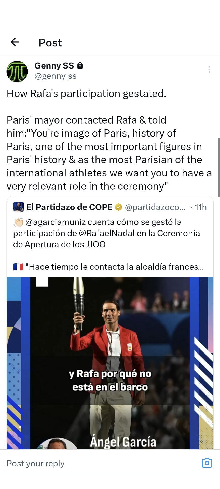 A translation of journalist Angel Garcia&#039;s explanation on how Rafael Nadal participated in the Paris Olympics opening ceremony. (Credits: X)