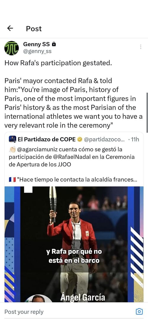 A translation of journalist Angel Garcia's explanation on how Rafael Nadal participated in the Paris Olympics opening ceremony. (Credits: X)