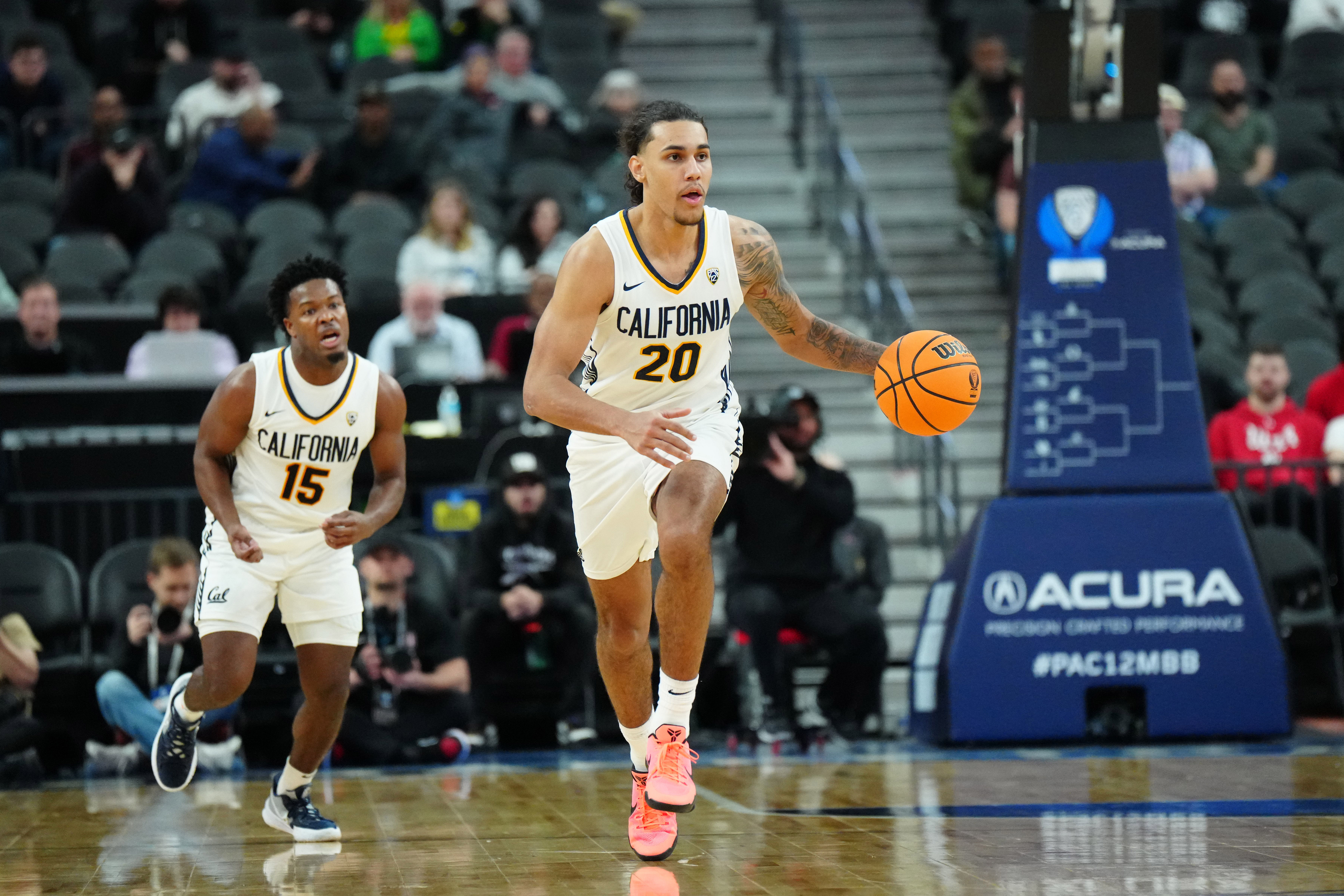 California Golden Bears guard Jaylon Tyson (20) dribbles the ball against the Stanford Cardinal at T-Mobile Arena. Photo Credit: Imagn