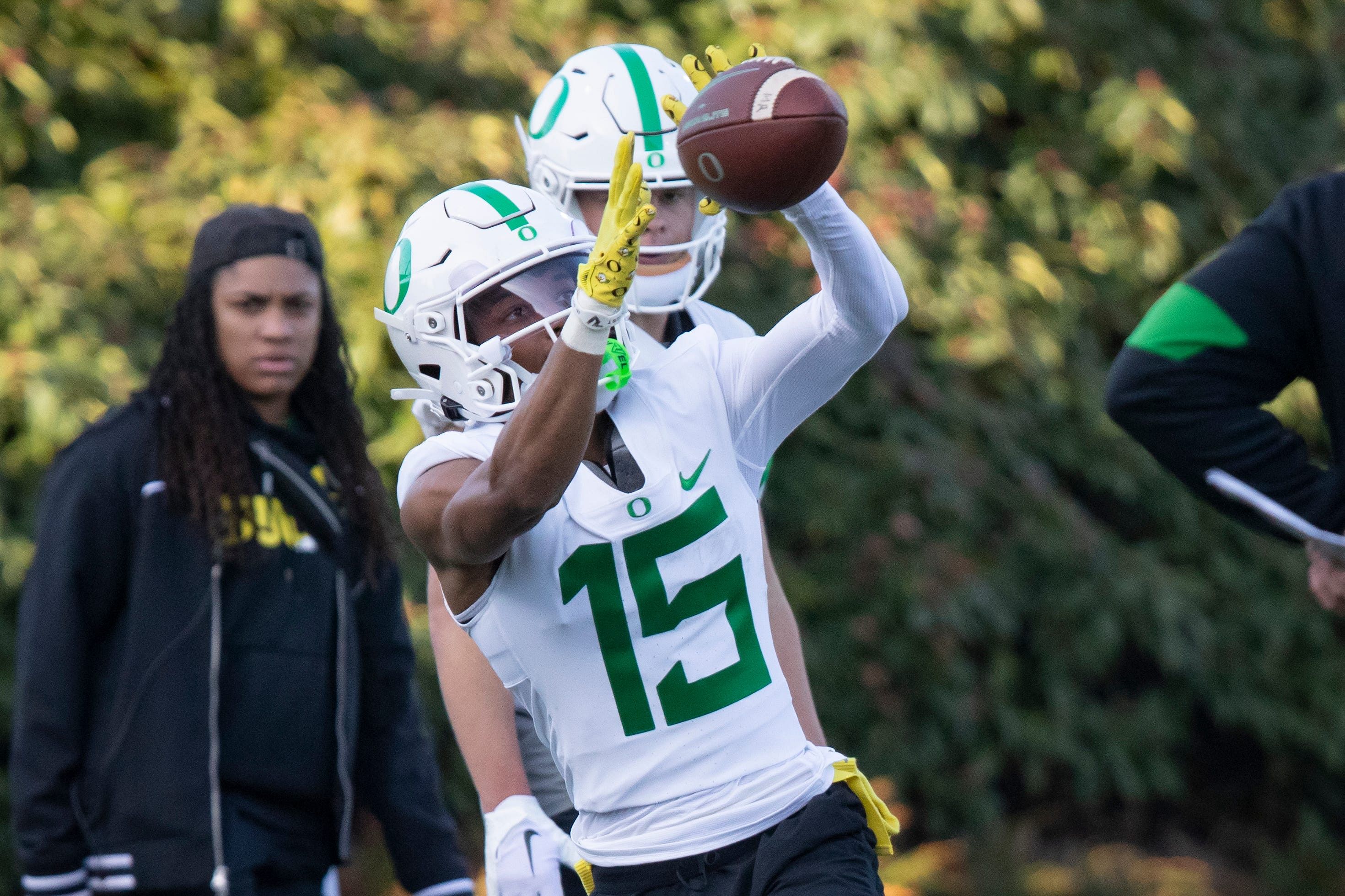 Oregon's Tez Johnson leads one of the nation's top wide receiver groups this season.(Photo Credit: The Register Guard)