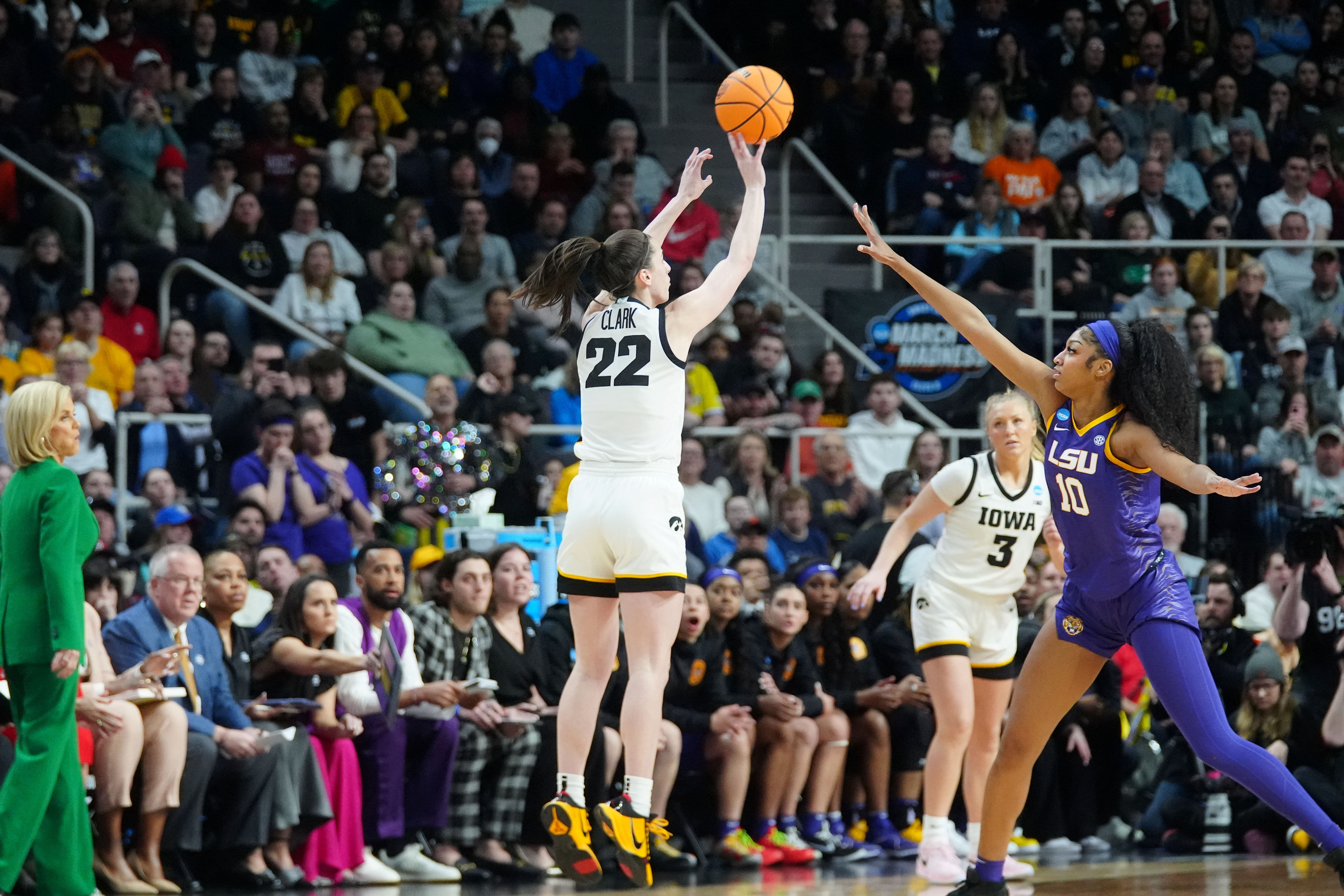 Caitlin Clark shoots against Angel Reese in the 2024 NCAA Tournament at MVP Arena. (Photo Credit: Imagn)