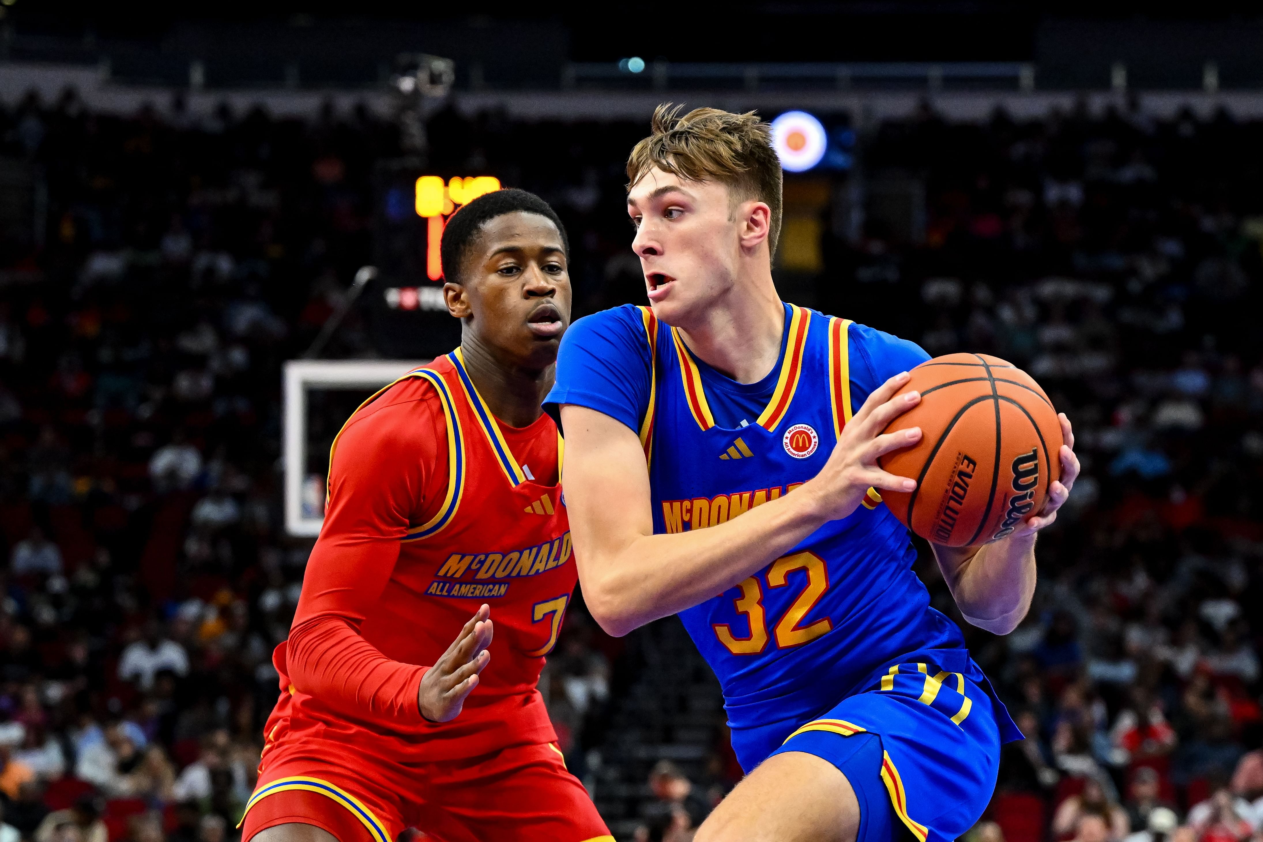 McDonald&#039;s All American East forward Cooper Flagg controls the ball at Toyota Center. Photo Credit: Maria Lysaker-USA TODAY Sports/Imagn