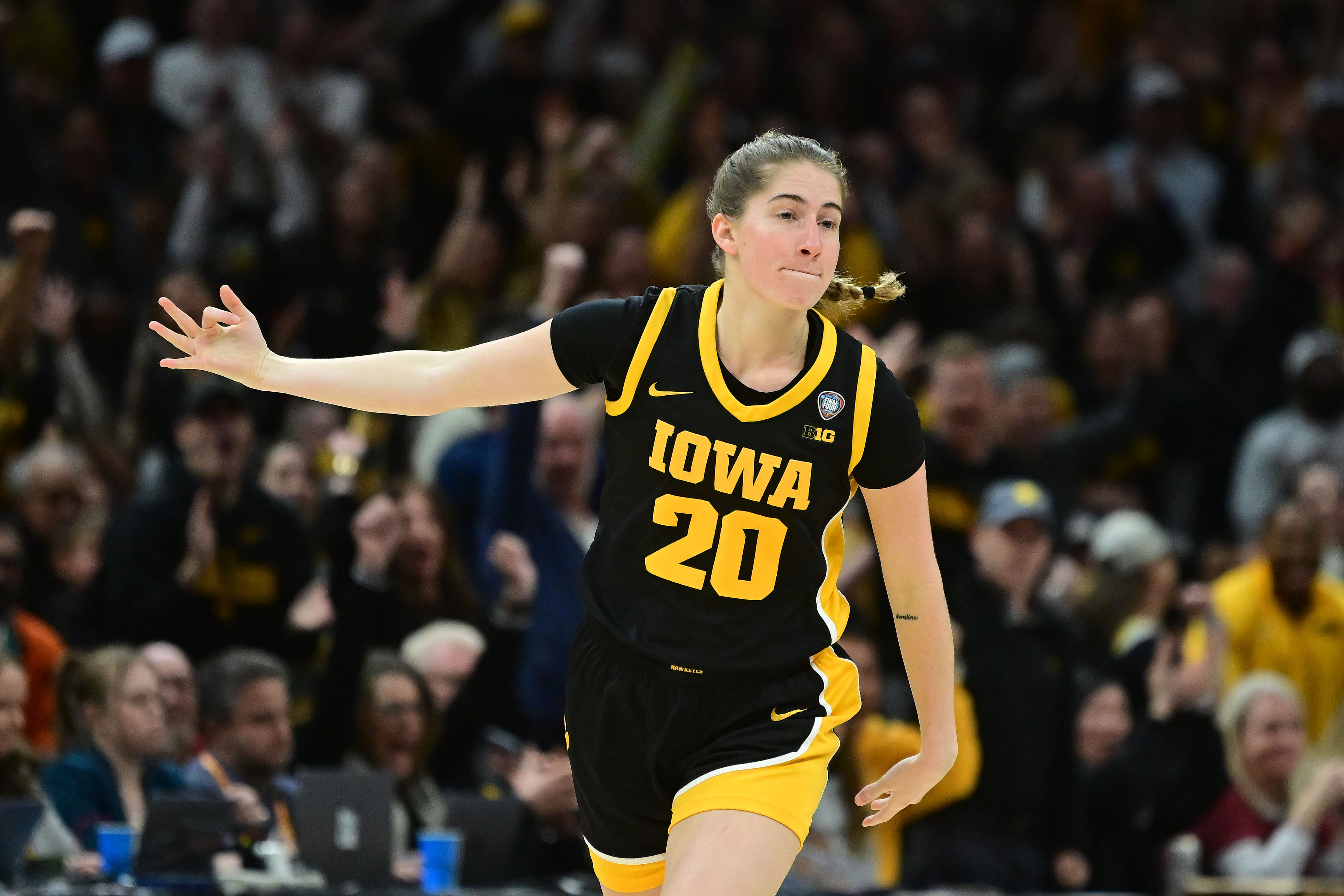 Iowa Hawkeyes guard Kate Martin reacts after a basket against the South Carolina Gamecocks at Rocket Mortgage FieldHouse. Photo Credit: Imagn