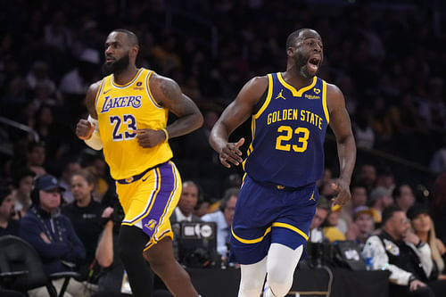 Golden State Warriors forward Draymond Green and LA Lakers forward LeBron James react in the first half at Crypto.com Arena. Credit: Imagn