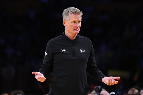 Golden State Warriors coach Steve Kerr reacts in the first half against the Los Angeles Lakers at Crypto.com Arena (Credit: Imagn)