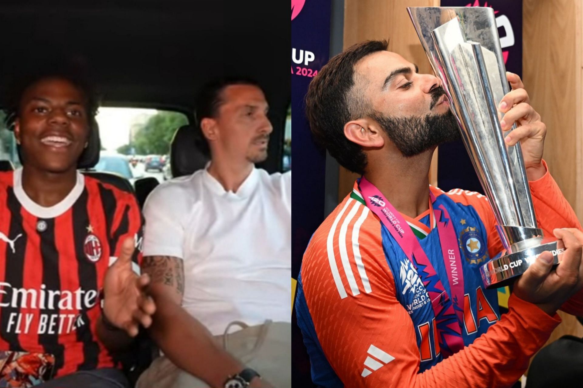 Speed and Zlatan Ibrahimovic (R) and Virat Kohli (L) (Image viaYouTube@IShowSpeed and Instagram/@indiancricketteam)﻿