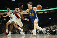Golden State Warriors guard Brandin Podziemski drives to the basket during a game against Portland Trail Blazers. Photo Credit: Imagn