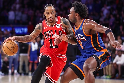 Chicago Bulls forward DeMar DeRozan looks to drive against the New York Knicks. Photo Credit: Wendell Cruz-USA TODAY Sports/Imagn