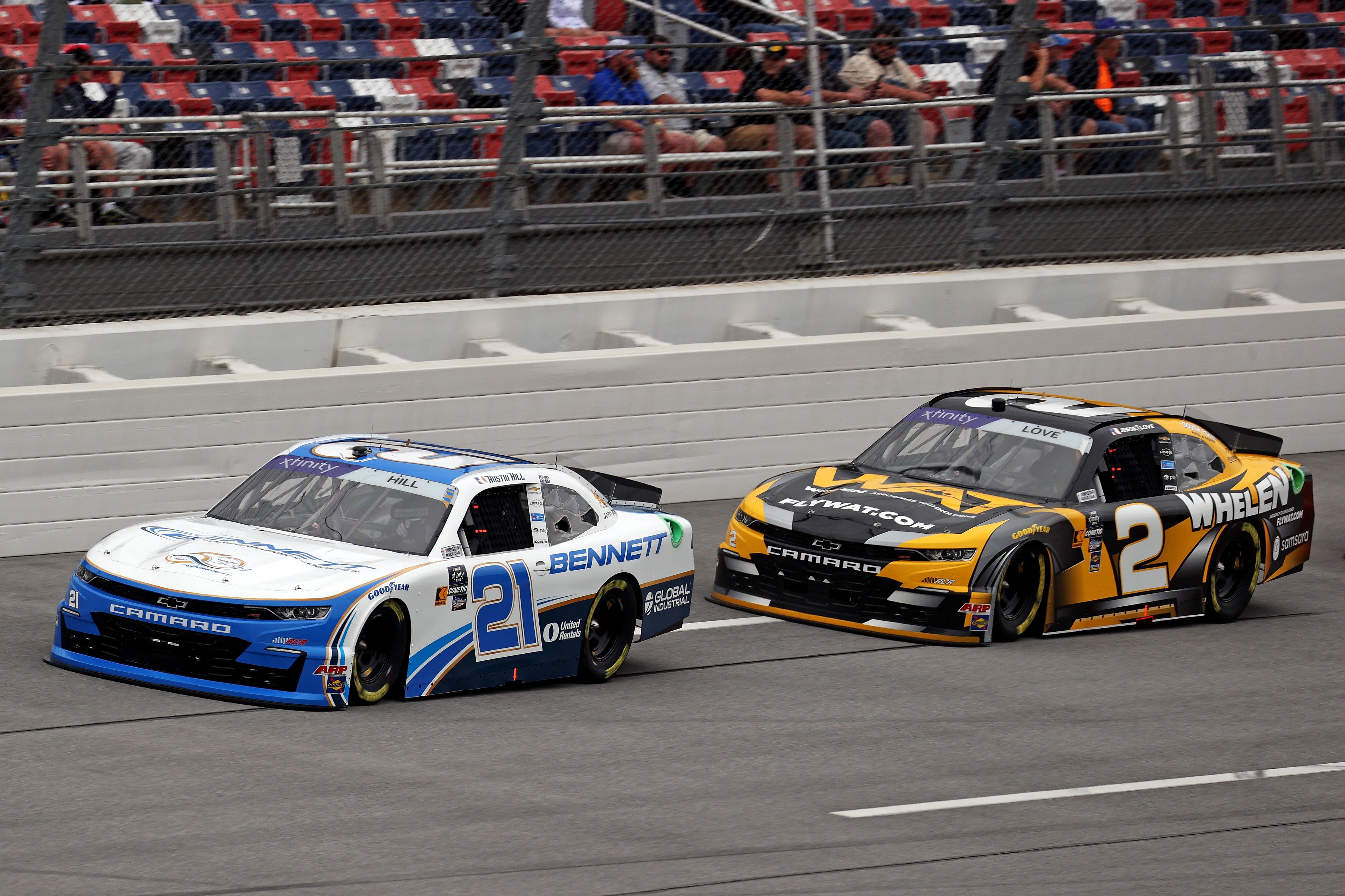 Xfinity Series driver Austin Hill (21) leads Xfinity Series driver Jesse Love (2) during the Ag-Pro 300 at Talladega Superspeedway. Mandatory Credit: Peter Casey-USA TODAY Sports and Imagn