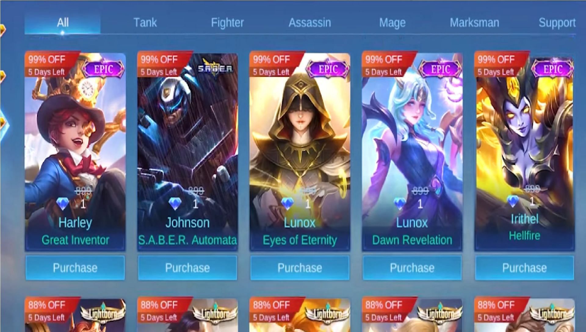 The MLBB Skins are available at special discounts during the Mobile Legends Bang VBang promo Diamond event (Image via Moonton Games)