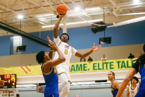 Bryce James attempts to shoot the ball against a defender (Image Source: IMAGN)