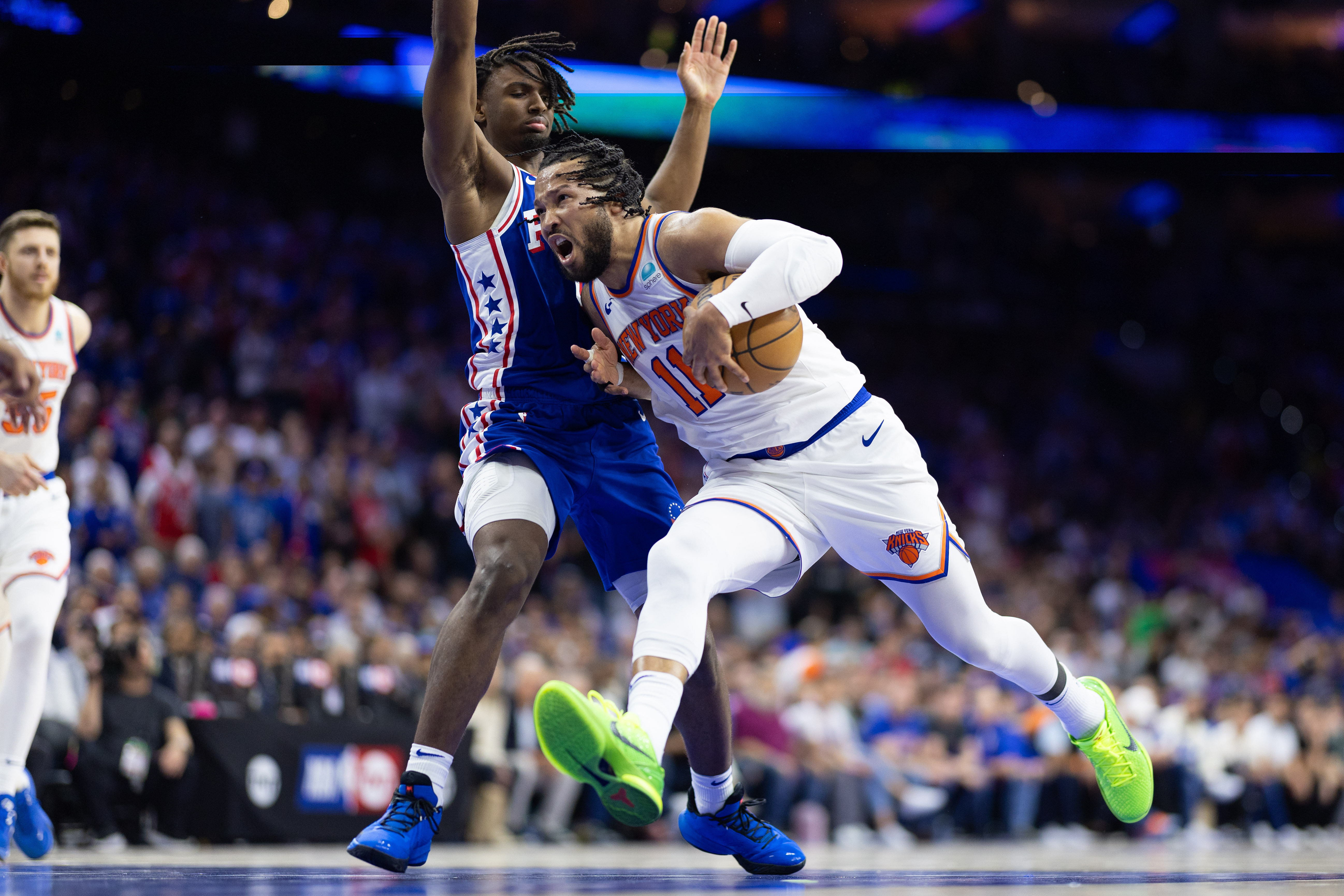 Jalen Brunson drives against Tyrese Maxey during the 2024 NBA playoffs at Wells Fargo Center. (Photo Credit: Imagn)