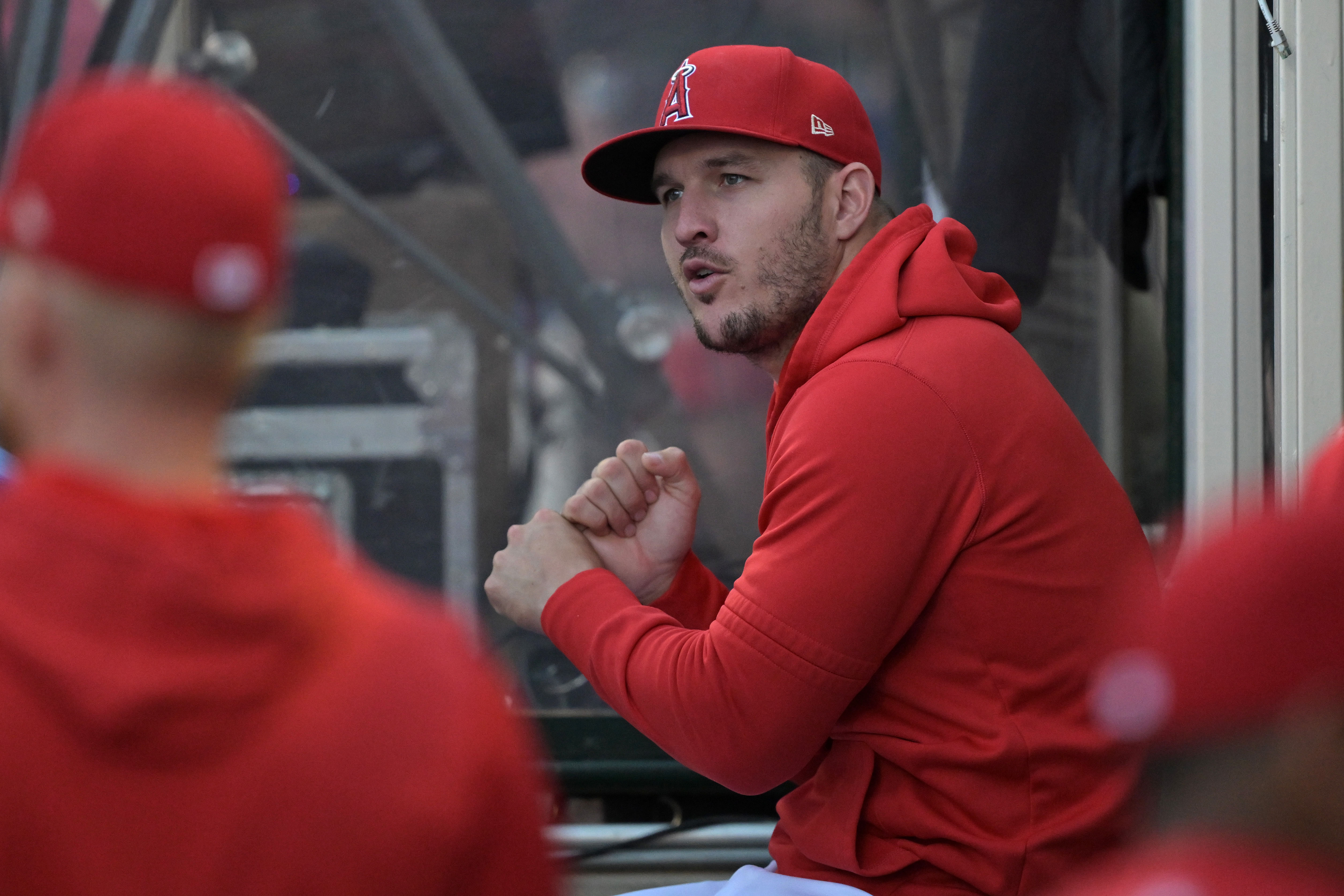 Mike Trout in the dugout during the game against the Kansas City Royals. Credits: IMAGN