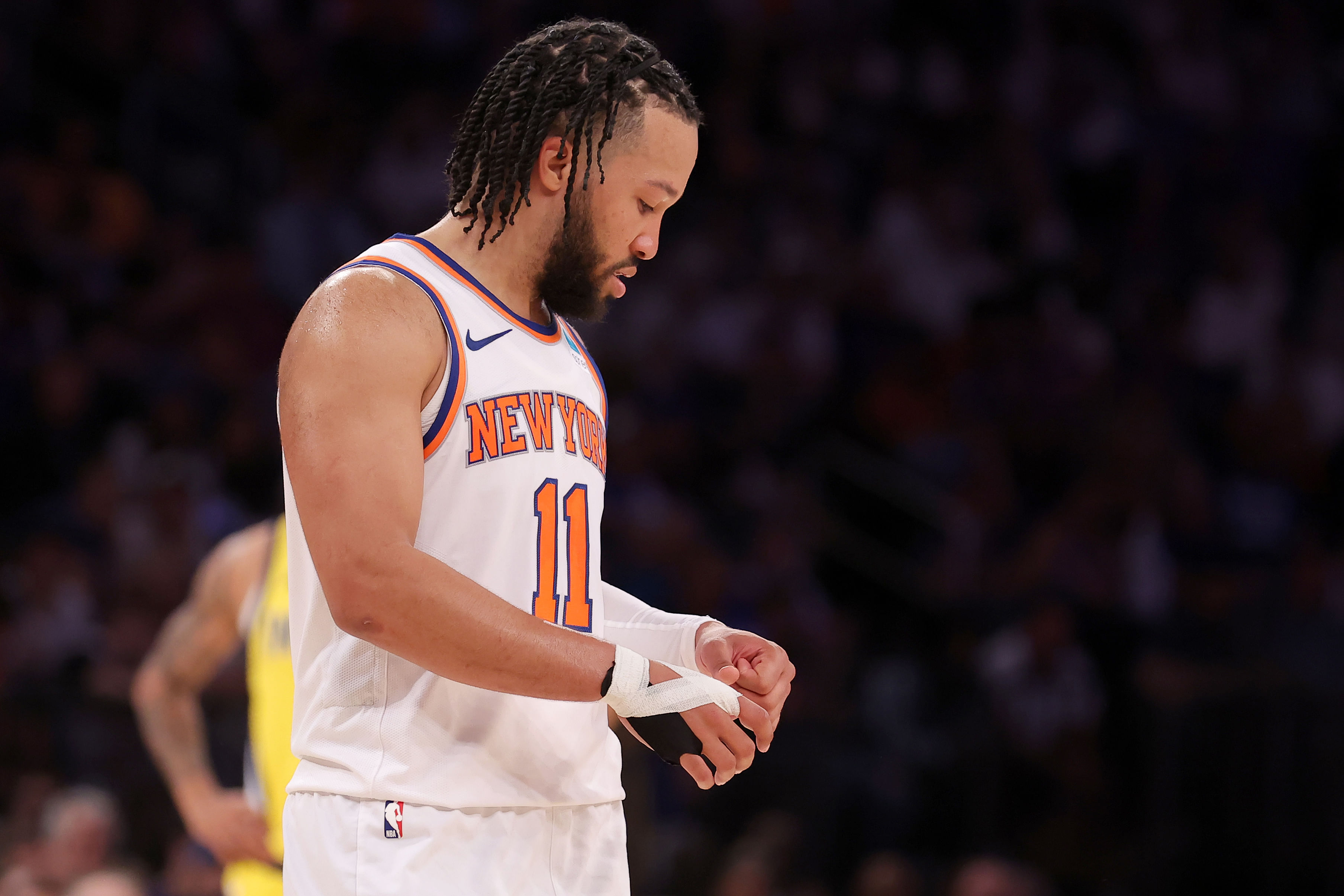 May 19, 2024; New York, New York, USA; New York Knicks guard Jalen Brunson (11) flexes his left hand during the third quarter of game seven of the second round of the 2024 NBA playoffs against the Indiana Pacers at Madison Square Garden. Image Credit: Imagn 