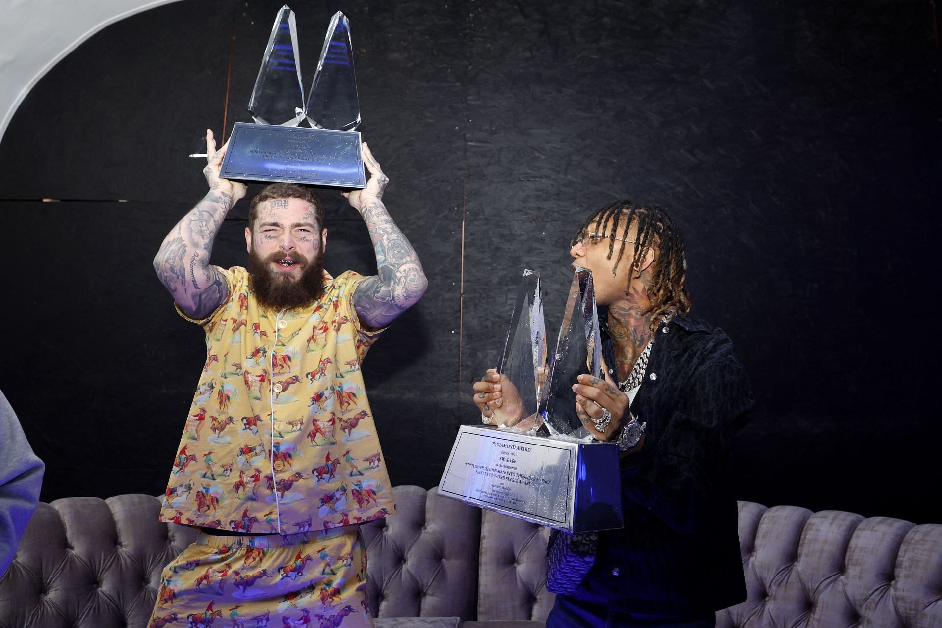 Post Malone &amp; Swae Lee Celebrate Sunflower (Spider-Man: Into The Spider-Verse) Going 2X RIAA Diamond - Source: Getty. (Photo by Chris Coduto/Getty Images for Republic Records)