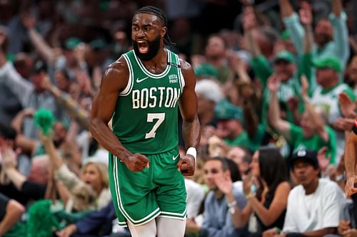 Boston Celtics guard Jaylen Brown (7) celebrates after making a three pointer against the Dallas Mavericks in game five of the 2024 NBA Finals at TD Garden. (image credit: IMAGN)