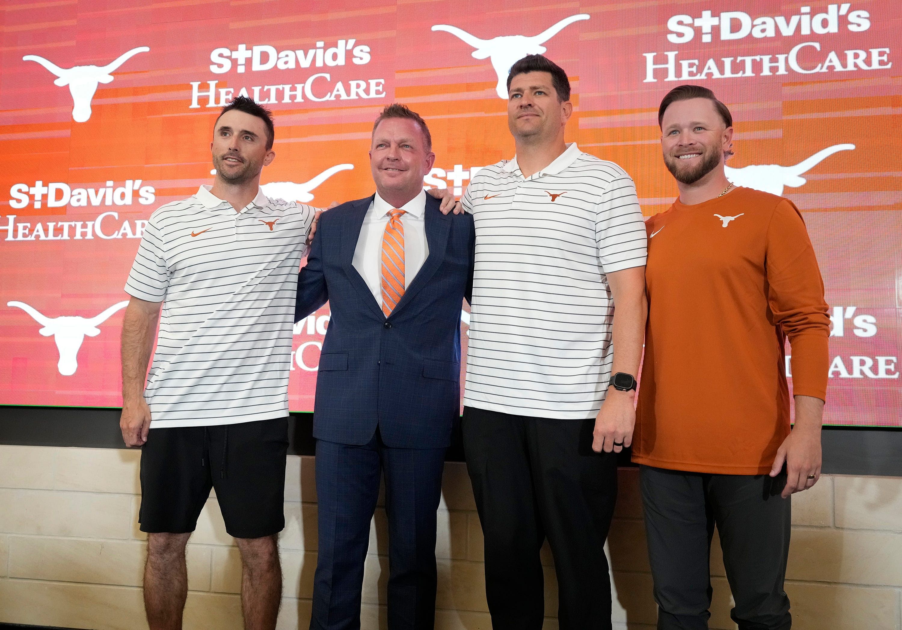 A week ago, Michael Earley (far left) was introduced as a member of Jim Schlossnagle&#039;s Texas staff, but since then, he&#039;s hit the ground running as Schlossnagle&#039;s successor at Texas A&amp;M (Photo Credit: IMAGN)