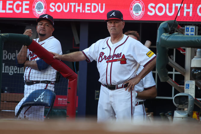 WATCH: Braves manager Brian Snitker gets hit in the crotch with a foul ball from Ozzie Albies