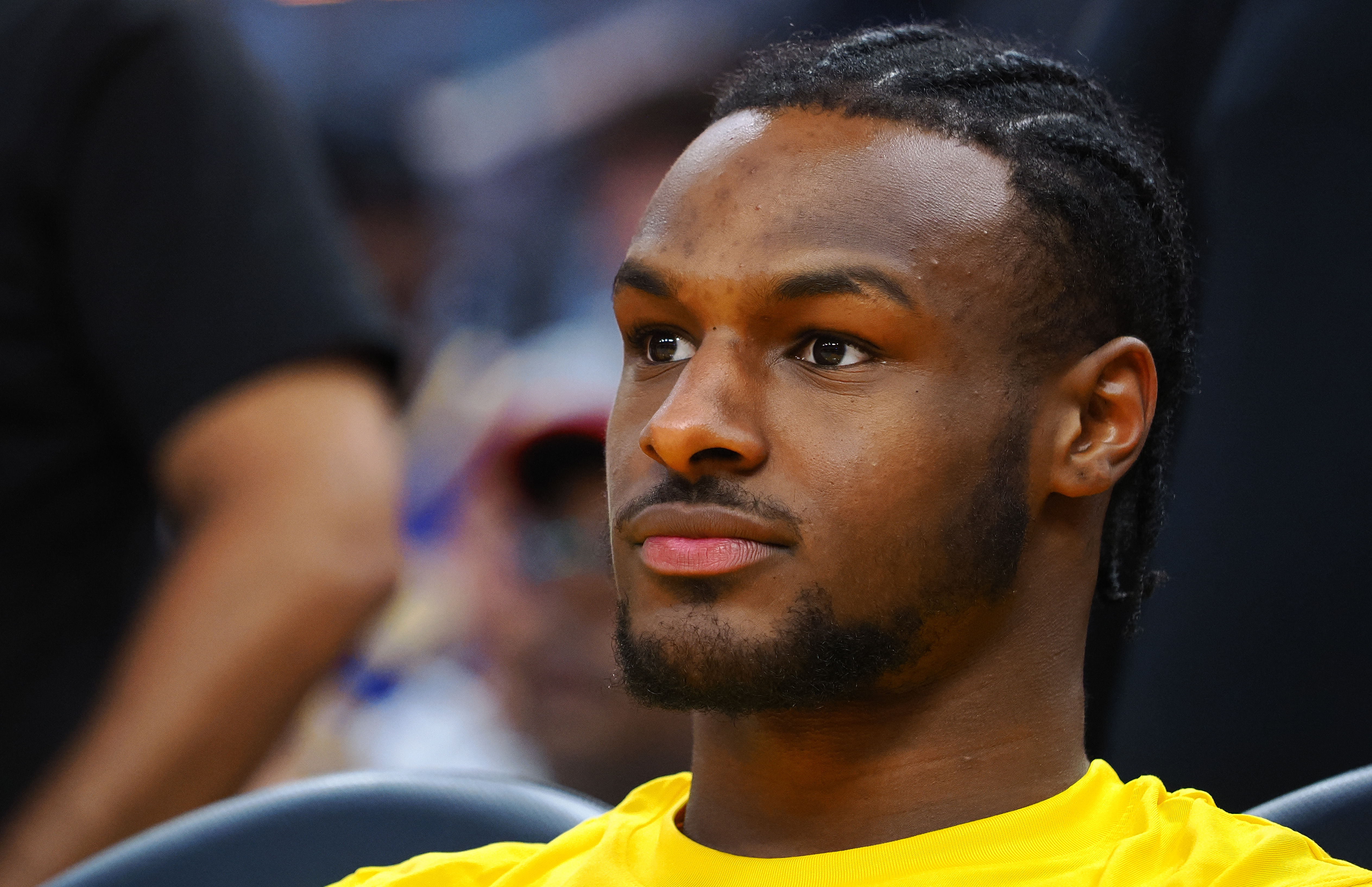 Los Angeles Lakers guard Bronny James Jr. was on the sideline before the game against the Golden State Warriors at Chase Center. Photo Credit: Kelley L Cox, USA TODAY Sports/Imagn