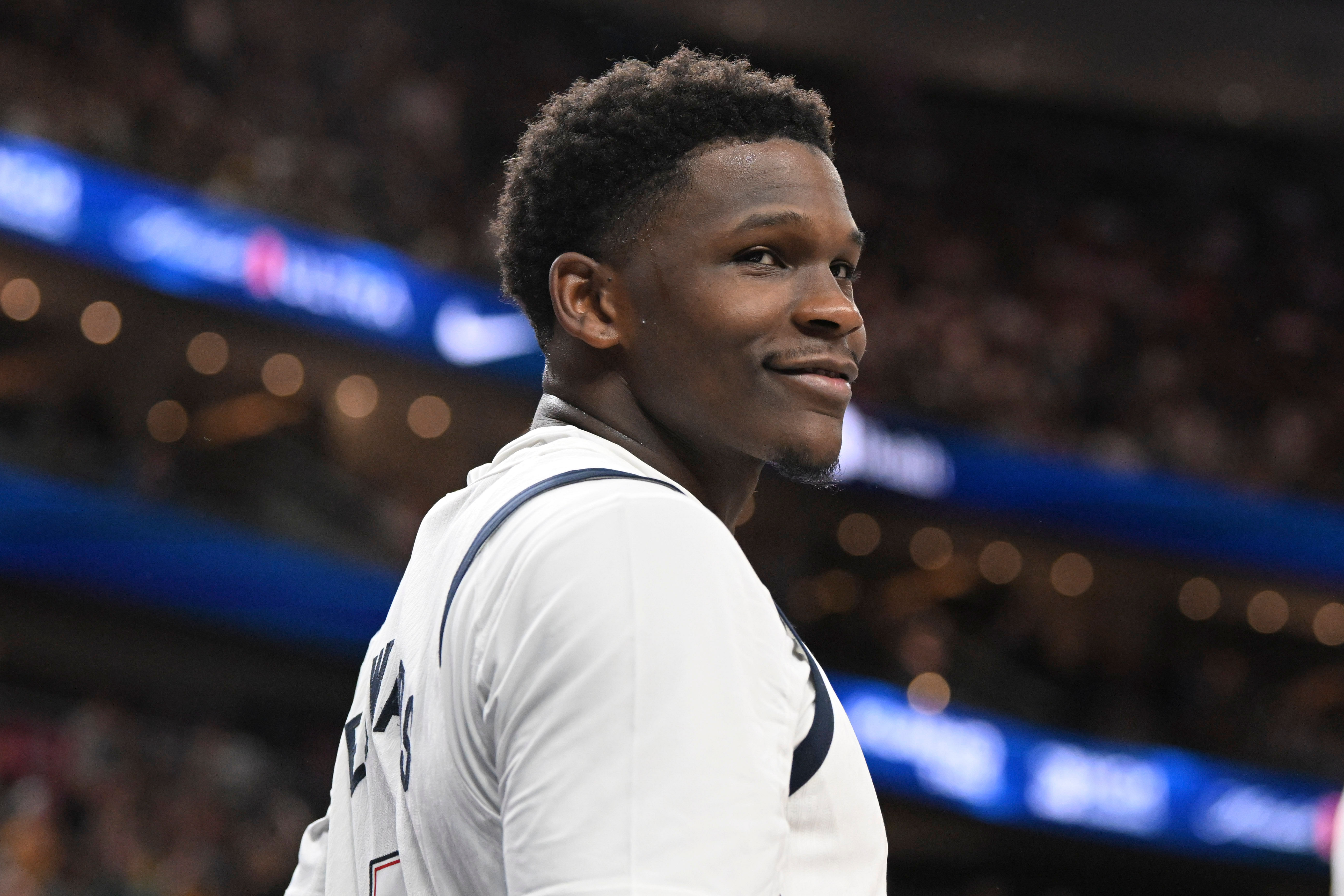 Team USA guard Anthony Edwards looks on against Canada in the USA Basketball Showcase at T-Mobile Arena. Photo Credit: Imagn