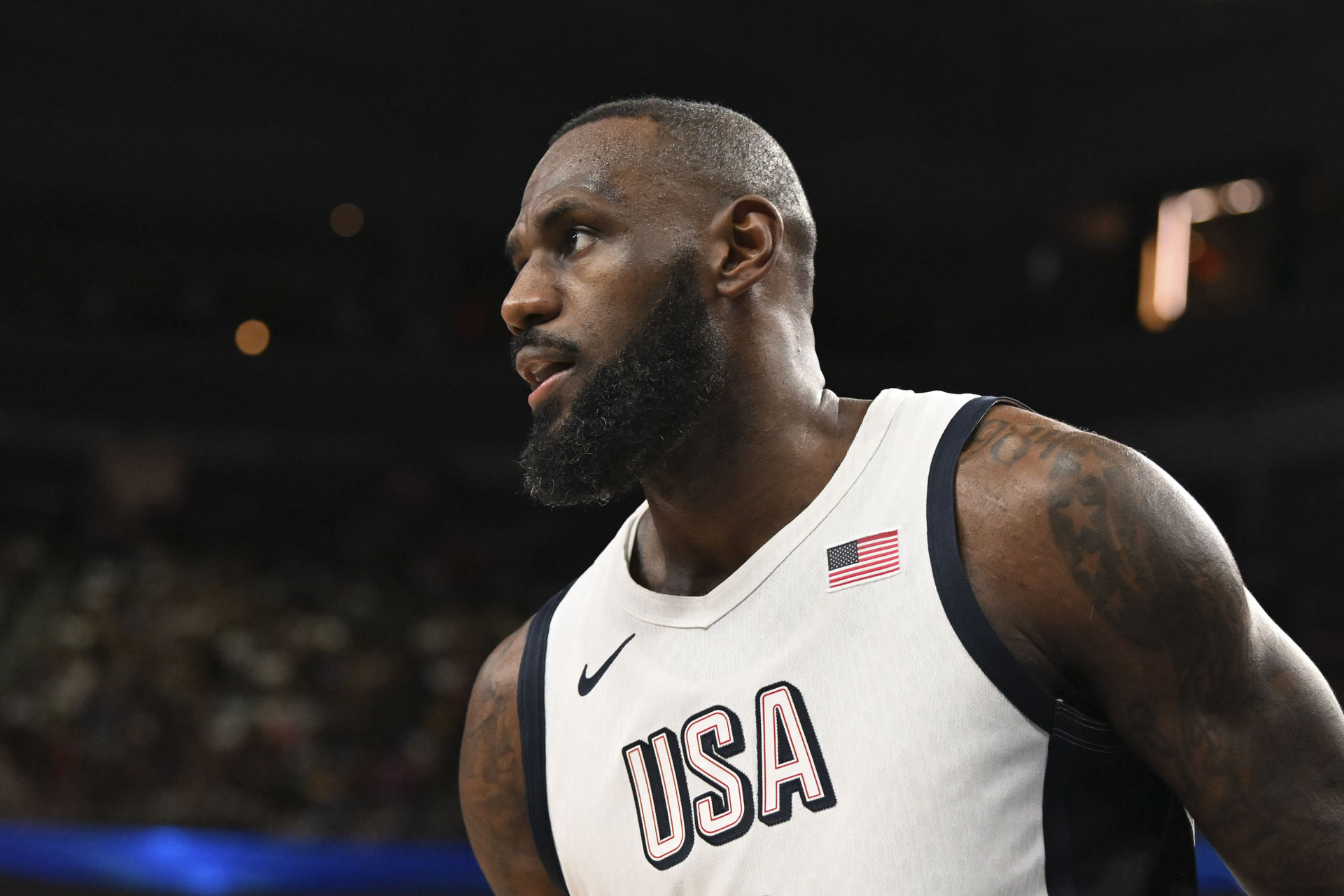 USA forward Lebron James looks on during the third quarter against Canada. Photo Credit: Imagn