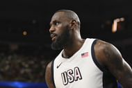USA forward Lebron James looks on during the third quarter against Canada. Photo Credit: Imagn