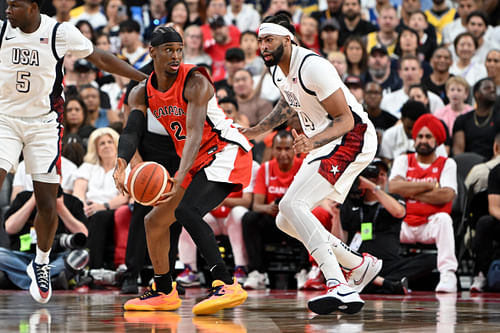 Canada guard Shai Gilgeous-Alexander looks to make a pass against USA. Photo Credit: Imagn