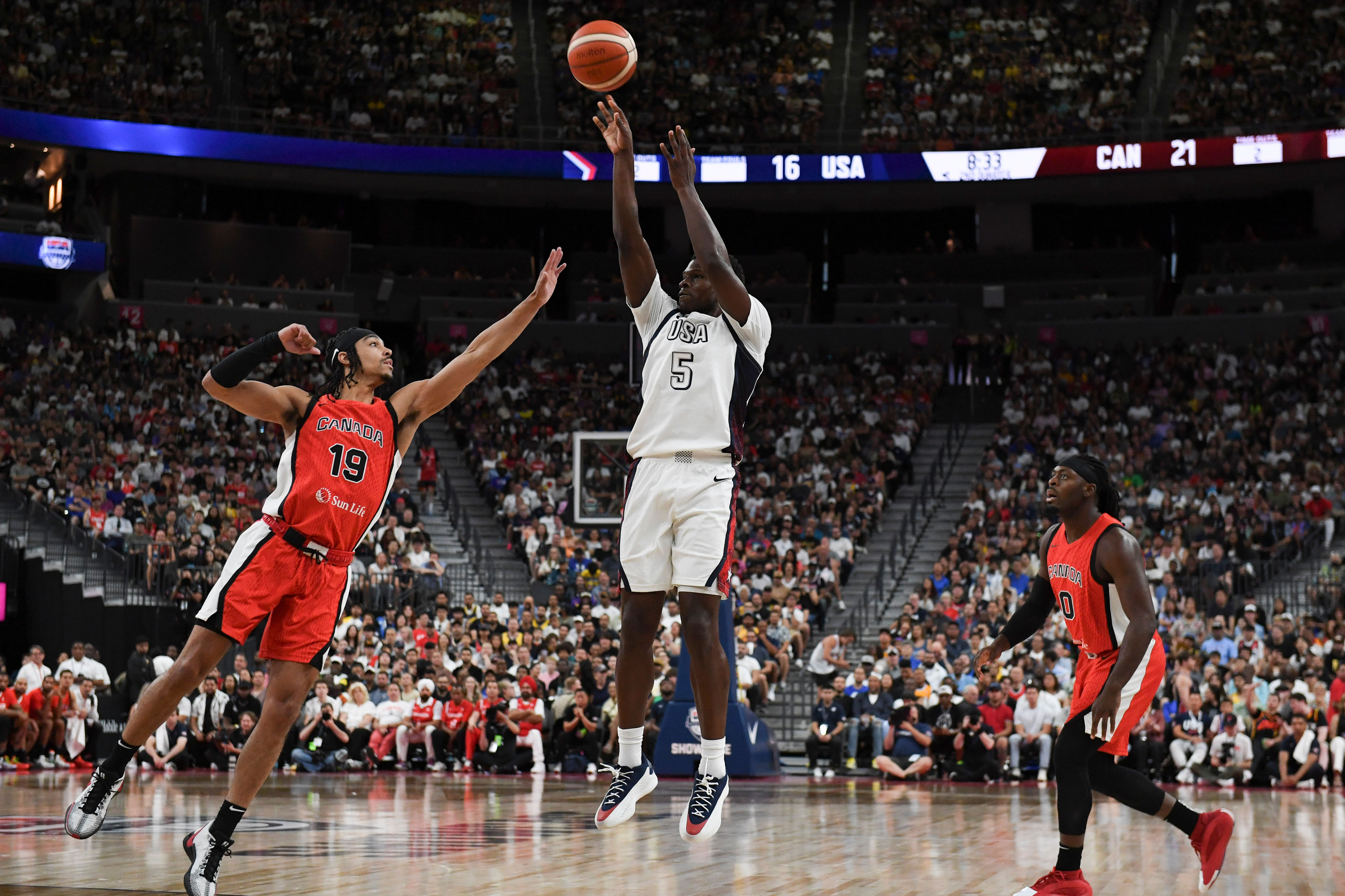 Anthony Edwards (#5) pictured playing for the USA | Candice War; USA TODAY Sports