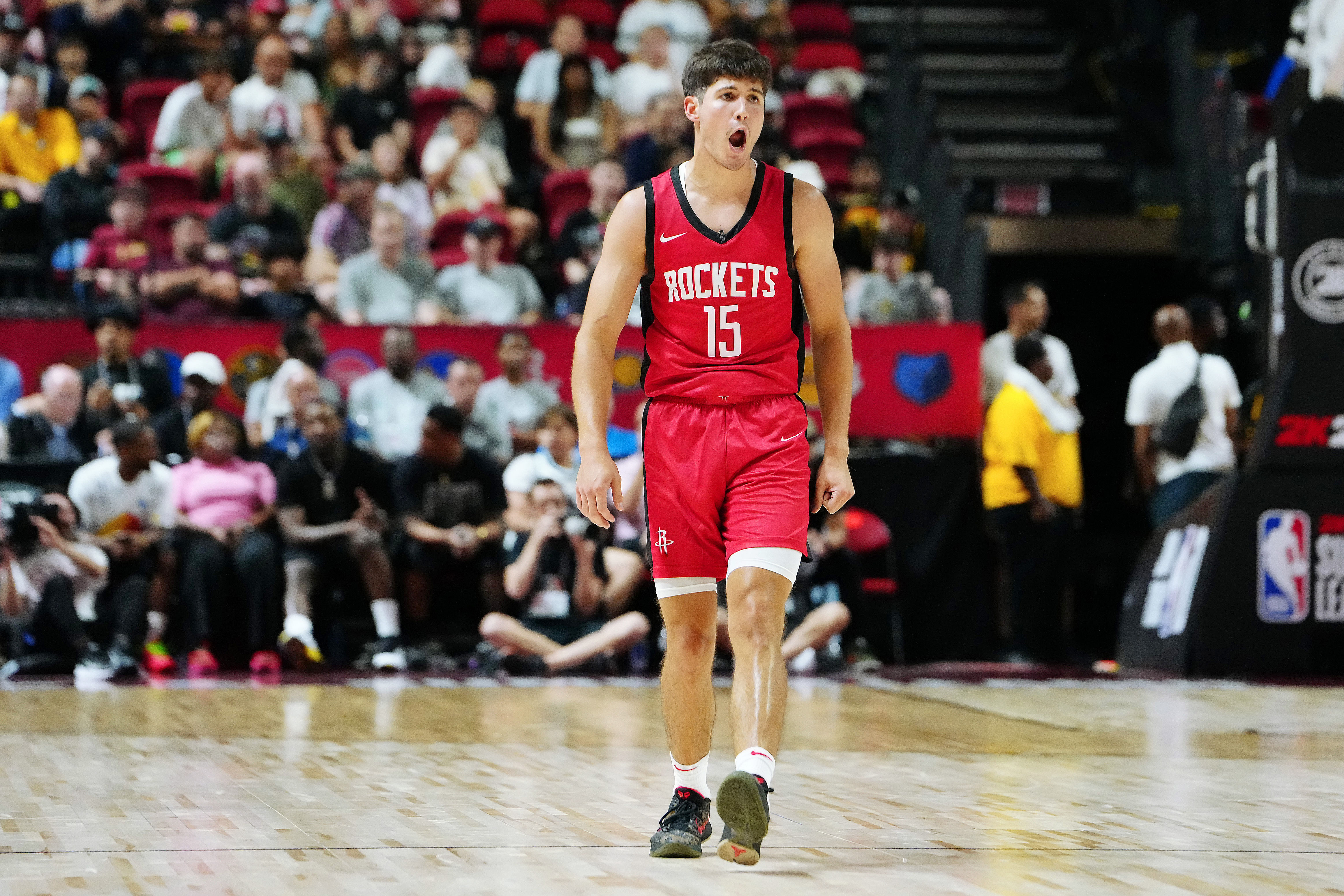 Houston Rockets guard Reed Sheppard (15) reacts after scoring at Thomas &amp; Mack Center. Photo Credit: Imagn