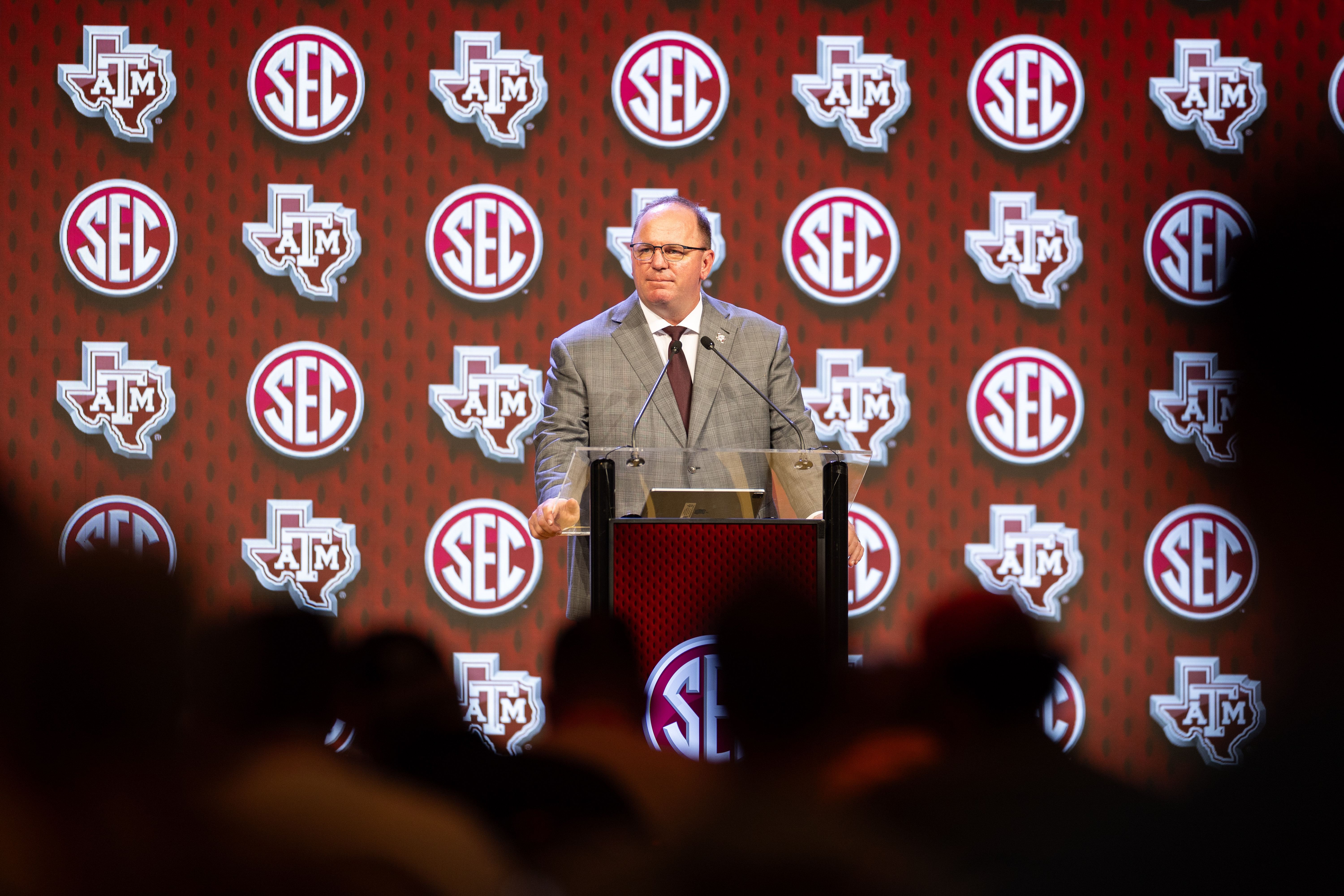 Texas A&amp;M coach Mike Elko at SEC Media Days 2024 (Credit: Brett Patzke-USA TODAY Sports)