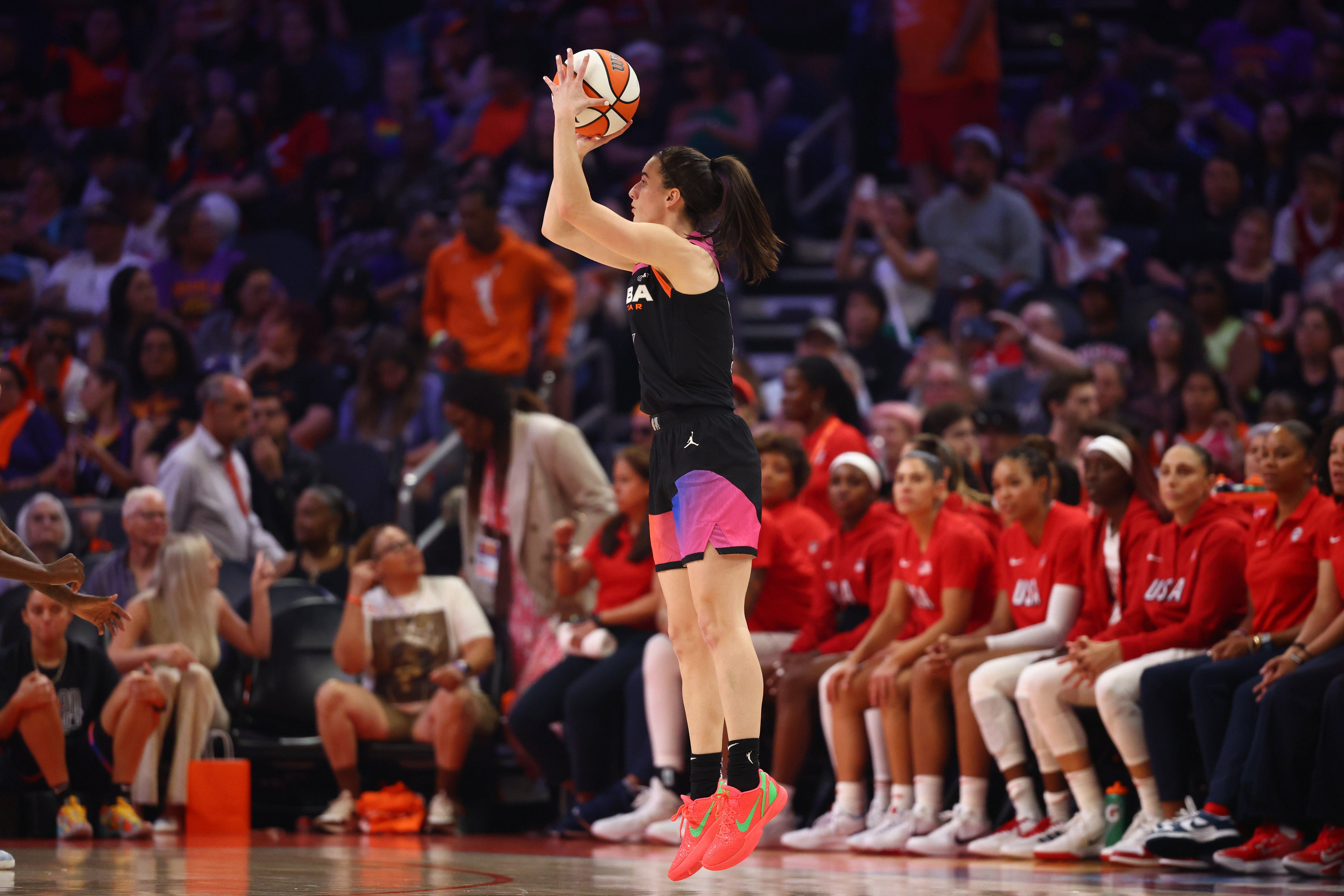 Caitlin Clark shoots for the basket during the second half against the USA Women&#039;s National Team at Footprint Center. Photo Credit: Imagn