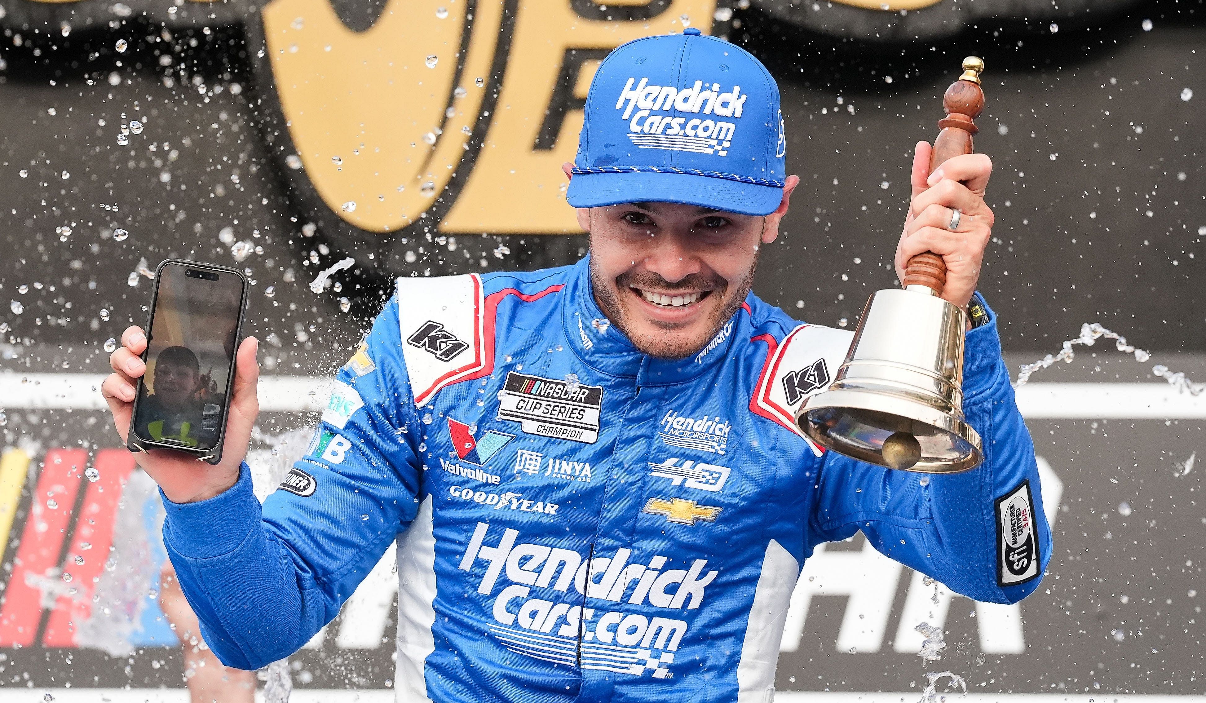 NASCAR Cup Series driver Kyle Larson (5) celebrates Sunday, July 21, 2024, after winning the 30th running of the Brickyard 400 at Indianapolis Motor Speedway (Photo: imagn)